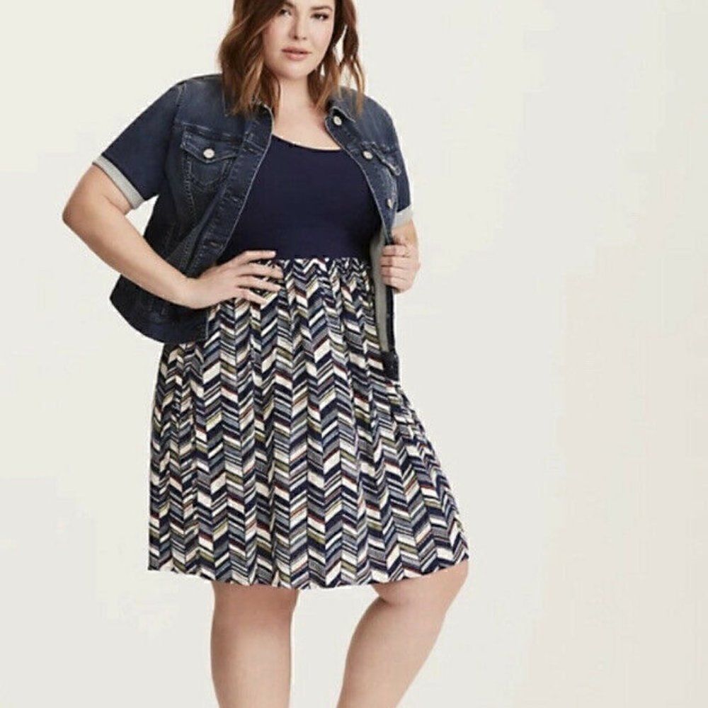 Torrid Navy Chevron Print Knit 2 Woven Dress